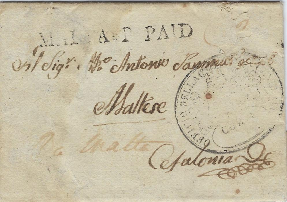 Malta 1827 entire written in Italian to a member of the Maltese community at Cephalonia, Ionian Islands bearing good strike of the straight-line MALTA * P.PAID handstamp, large oval Corfu transit, the front annotated “Da Malta”, fine and scarce.