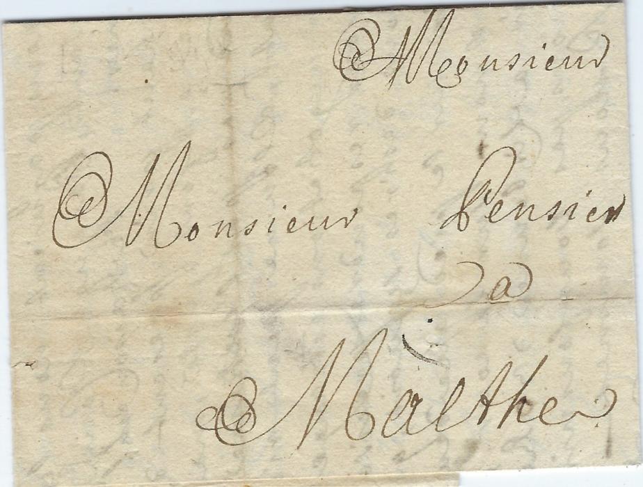 Malta 1694 incoming entire from Lyon, France to “Malthe”  without postal markings, light vertical and horizontal filing creases, good clean condition early incoming entire.
