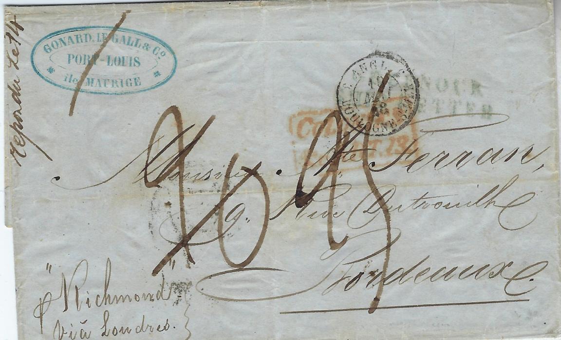 Mauritius 1848 outer letter sheet to Bordeaux, annotated p