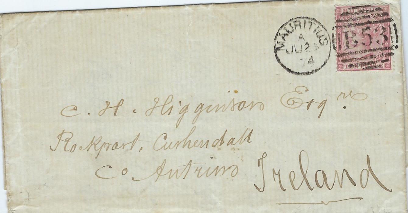 Mauritius 1874 entire to Cushendall, Ireland, franked 10d. tied very fine B53 Mauritius duplex, reverse with Larne transit cds.
