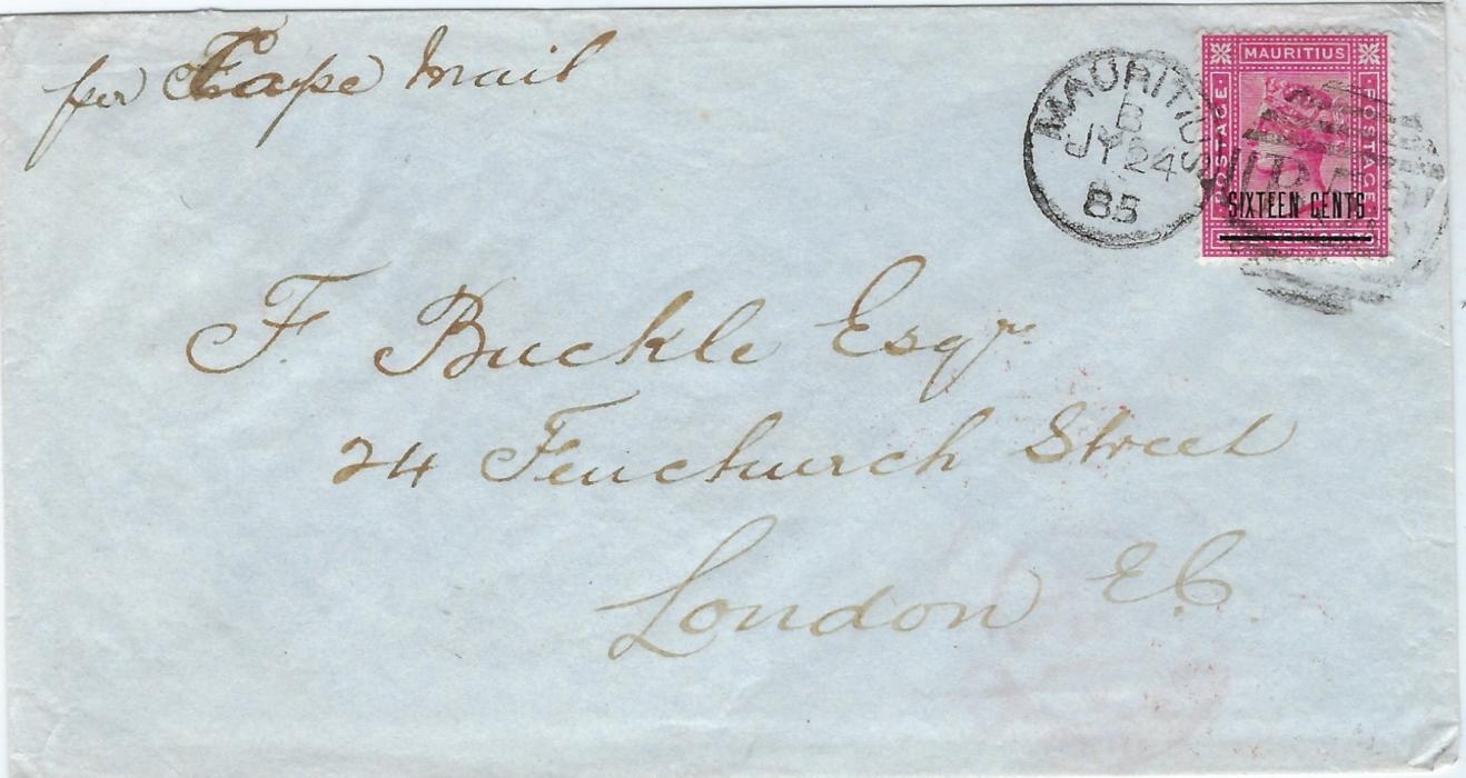 Mauritius 1885 (JY 24) cover to London bearing single franking SIXTEEN CENTS on 17c. tied fine B53 duplex, endorsed 