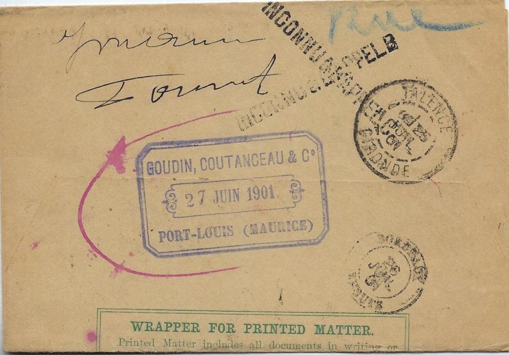 Mauritius 1901 3 on 4 cents on 2c. postal stationery newspaper wrapper cancelled cds and addressed to Bordeaux, black two-line Retour/ a LEnvoyeur at base, reverse with straight-line INCONNU a RAPPEL B handstamp plus another example with index C.