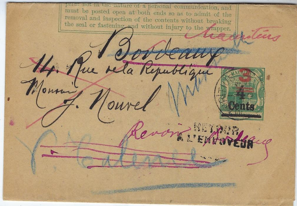 Mauritius 1901 3 on 4 cents on 2c. postal stationery newspaper wrapper cancelled cds and addressed to Bordeaux, black two-line Retour/ a LEnvoyeur at base, reverse with straight-line INCONNU a RAPPEL B handstamp plus another example with index C.