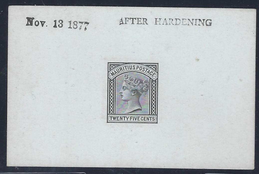 Mauritius 1879-80 25c Die Proof in black on glazed card dated Nov.13 1877 and handstamped AFTER HARDENING