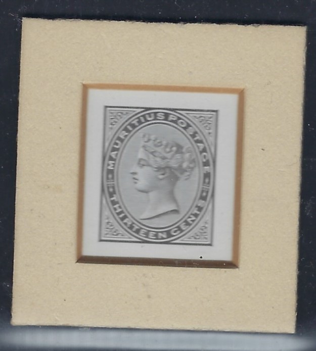 Mauritius 1880 13c. black proof on glazed paper, cut down and given a deep bevelled framed