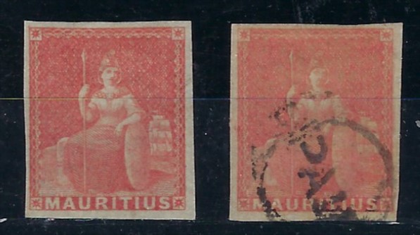 Mauritius 1858-62 6d. vermilion, a hinged mint and used example both with good clear margins, both fine and fresh, SG 28