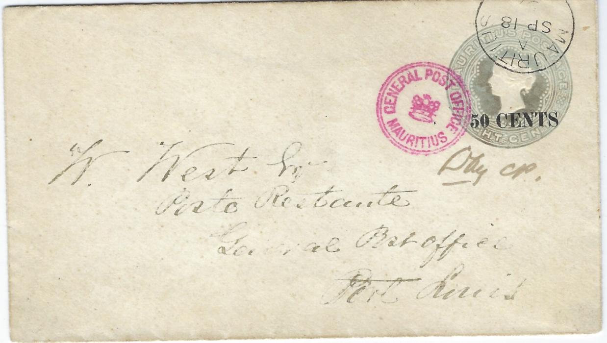 Mauritius 1880s ’50 CENTS’  on Eight Cents stationery envelope used to Poste Restante, General Post Office, with small red crown handstamp and despatch cds.