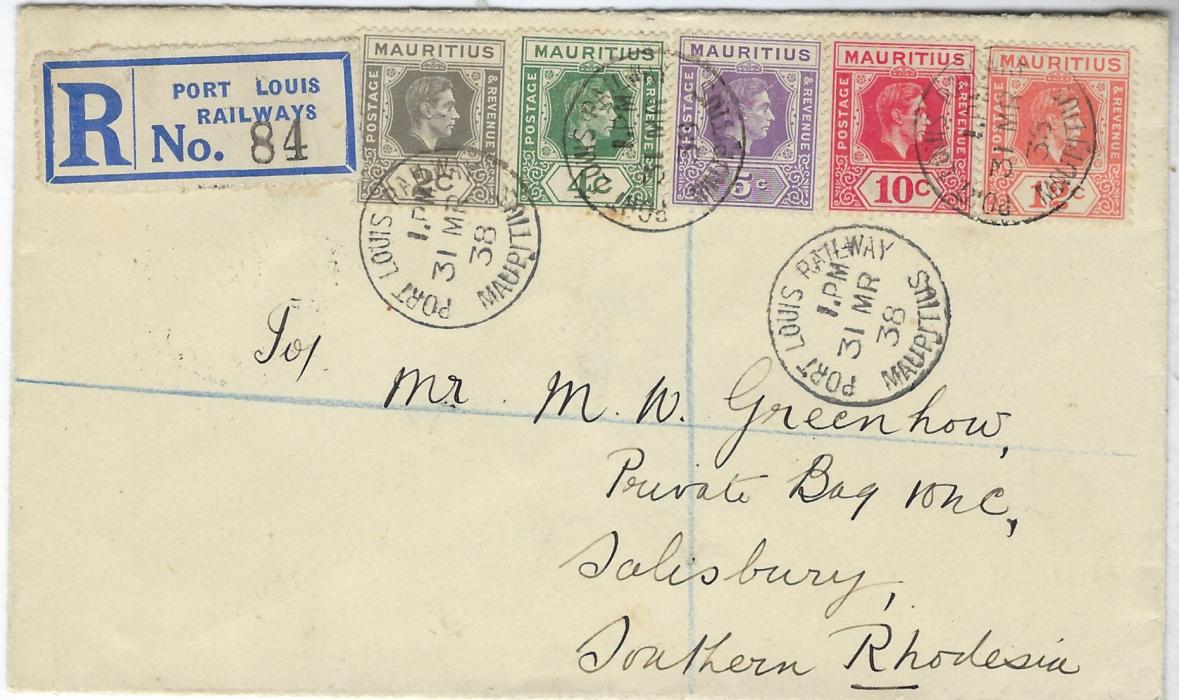 Mauritius 1938 (31 MR) registered cover to Salisbury, Southern Rhodesia with five colour franking tied Port Louis Railways cds with registration label at left, arrival backstamp.