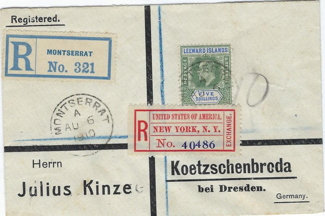 Montserrat (Leeward Islands) 1910 registered cover to Germany bearing single franking 1902 Watermark Crown CA 5s  green and blue (SG 28) tied index A cds, registration label top left and New York transit registration etiquette, reverse with New York transits and arrival cds.