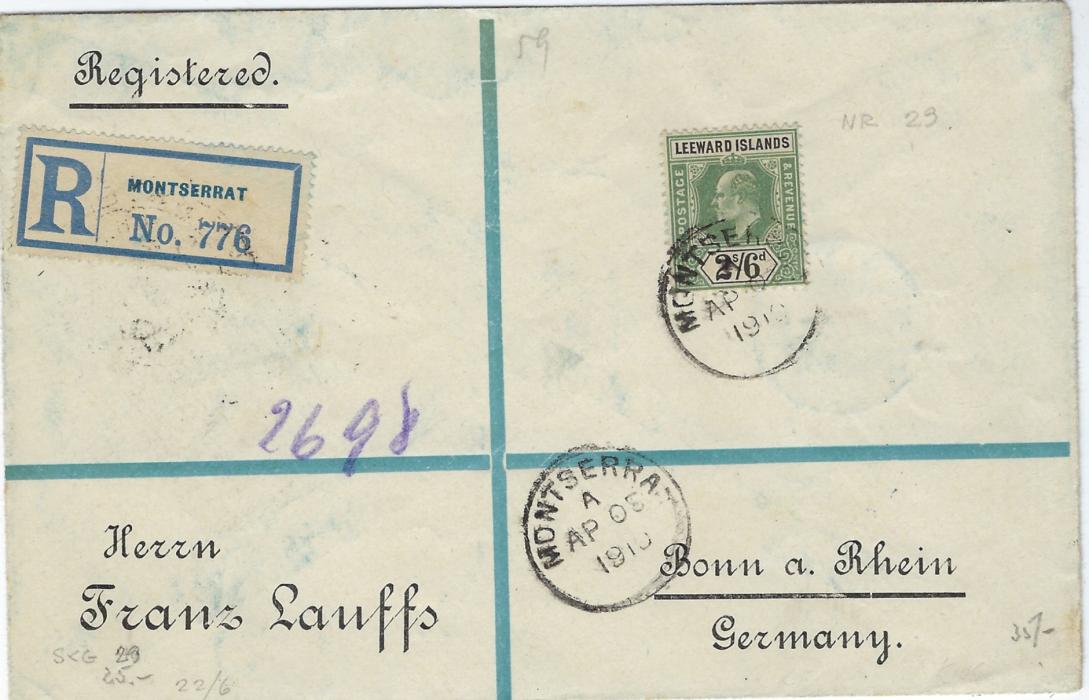 Montserrat (Leeward Islands) 1910 registered cover to Germany franked 1902 Wmk Crown CA 2s/6d. green and black tied index A cds, London transit and aBonn arrival backstamps.