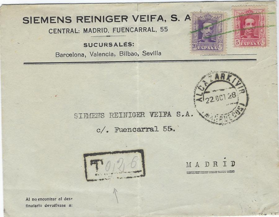 Morocco (Spanish) 1928 (22 Oct) company envelope franked Spain  5c. and 20c., but posted from Alcazrkivir whose cds appears below, the stamps not allowed and excised with two green manuscript lines, a postage due charge handstamp at base, Madrid arrival backstamp. 