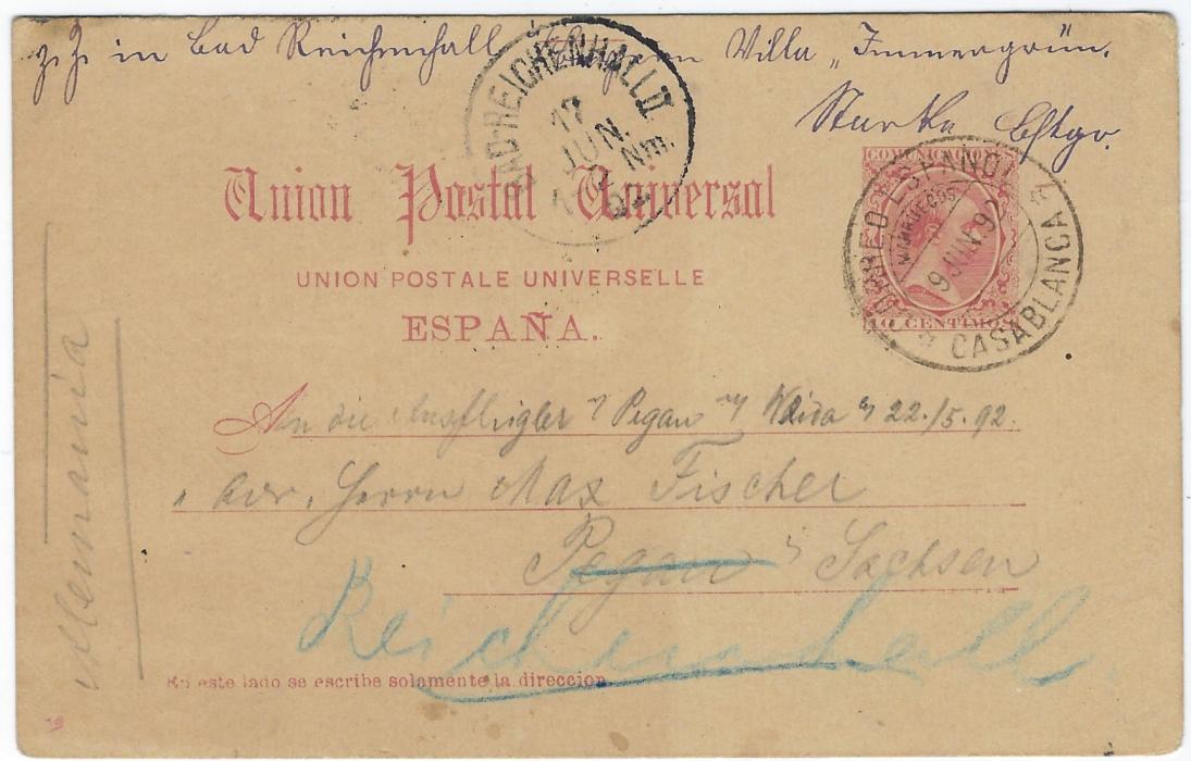 Morocco (Spanish) 1892 10c postal stationery card to Bad Reichenhal bearing good strike of Correo Espano Casablanca, Cadiz transit backstamp and part hand illustrated image on reverse with message.