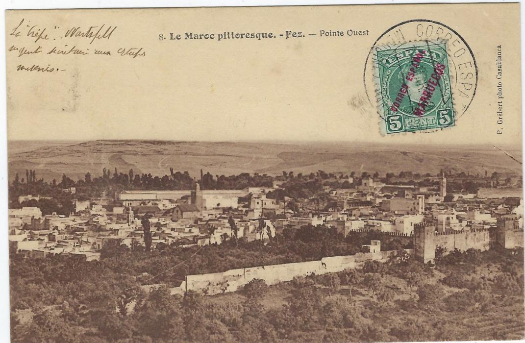 Morocco (Spanish) 1912 Fez picture postcard to Casablanca fronked 5c. tied by good strike of the scarce Mequinez (Marruecos) date stamp, with full message.