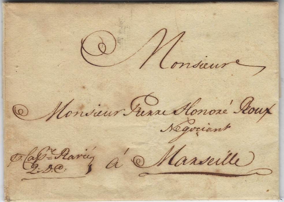 Morocco 1754 disinfected entire to Marseille datelined “Saffi”, endorsed to travel with “Capt Ravie/ 2 D.C.” (Dieux Conduire), disinfected with vinegar. A good early letter.