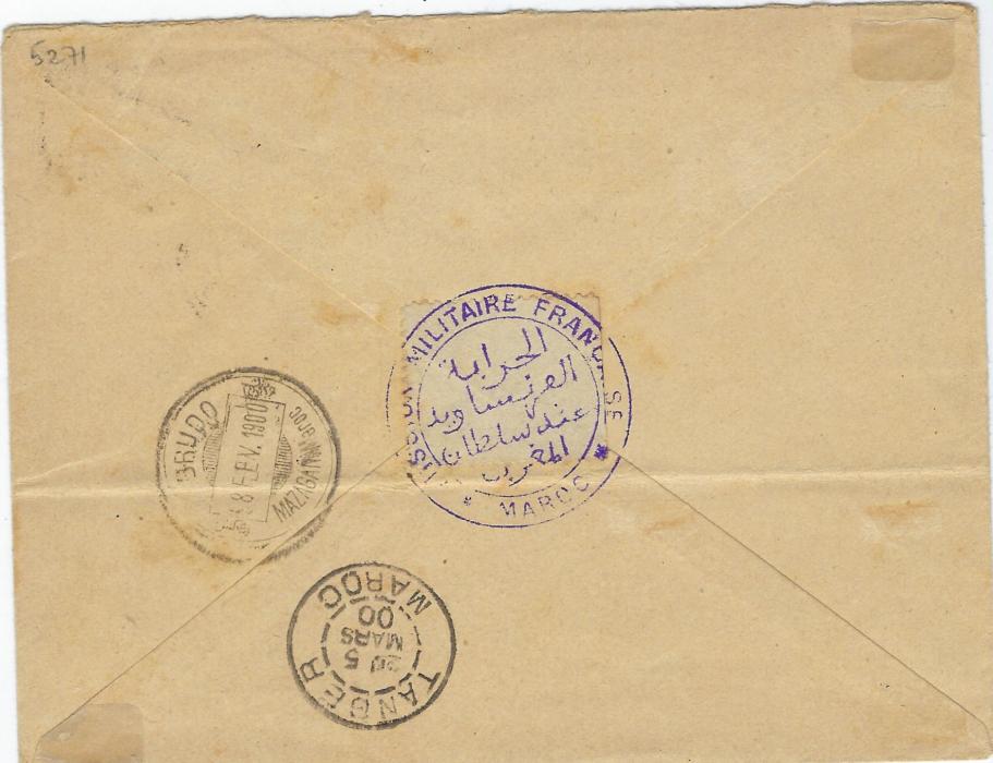 Morocco (Local Post) 1900 cover to Tanger bearing French Post Office 10c on 10c.  and Mazagan to Marakech 10c. ‘Hunting Gazelle’ cancelled J. Brudo Marakech date stamp repeated below, the French Offices stamp cancelled Mazagan, further Local Post cds on reverse together with fine violet bilingual military cachet. Fine and rare.