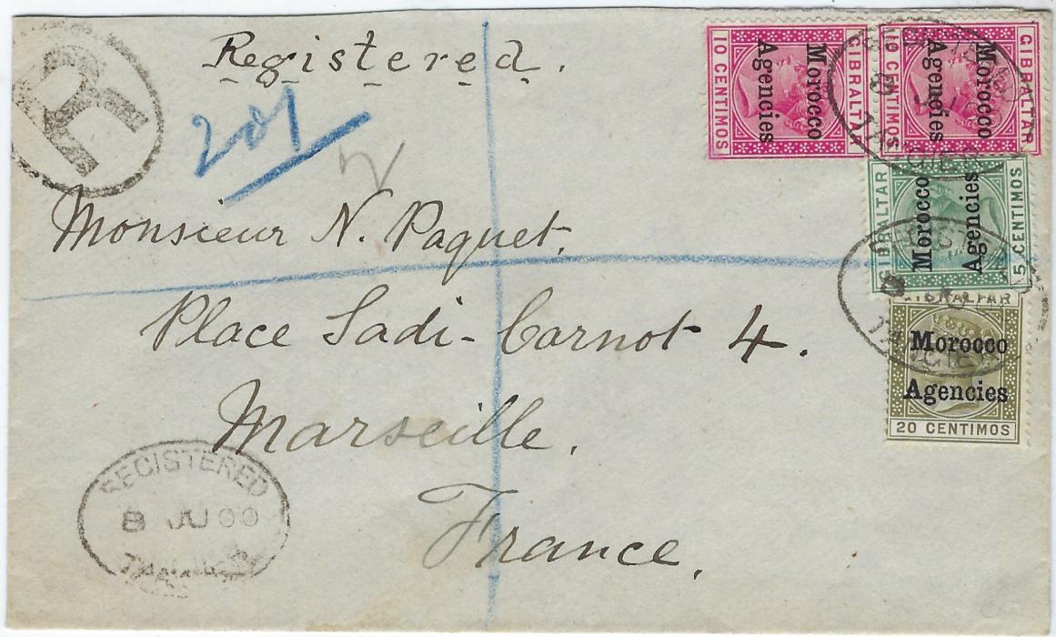 Morocco Agencies 1900 (8 JU) registered cover to Marseille franked first printing 20c. and second printings 5c. and pair 10c. tied Registered Tangier date stamps, reverse with Registered Gibraltar (10 JU), Registered Madrid transit (12 JU) and arrival cds (14 JU); fine condition.
