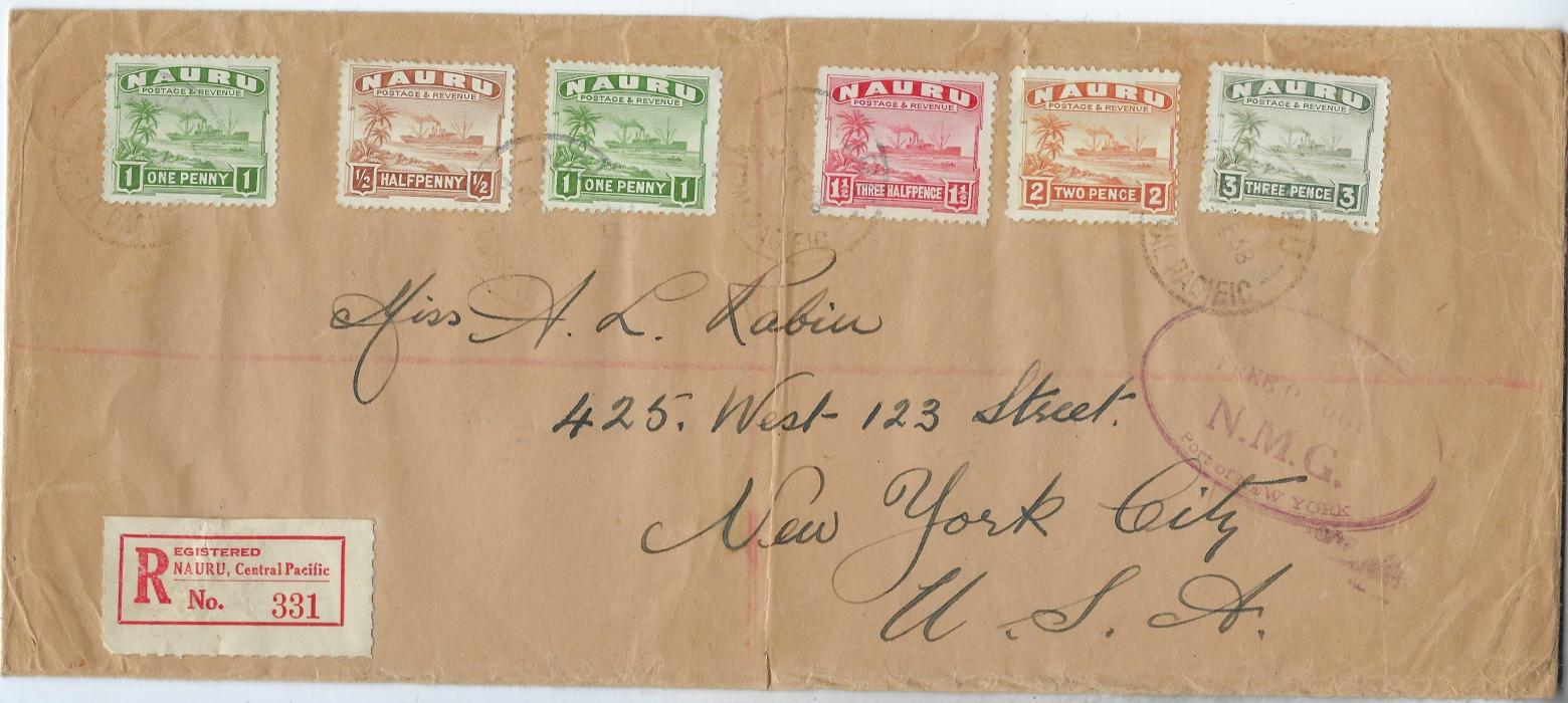 Nauru 1938 long folded envelope to New York franked 1/2d., 1d. (2), 1 1/2d., 2d. and 3d. tied cds, registration label bottom left, New York Customs handstamp, arrival backstamps, one tyin South Sea Islands Correspondence Club label.