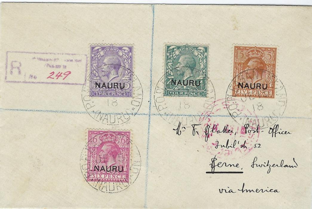 Nauru 1918 (JE 15) registered censored cover to Switzerland franked Great Britain overprinted 3d., 4d., 5d. and 6d. tied Pleasant Island cds, reverse with Bern arrival of 12.X.