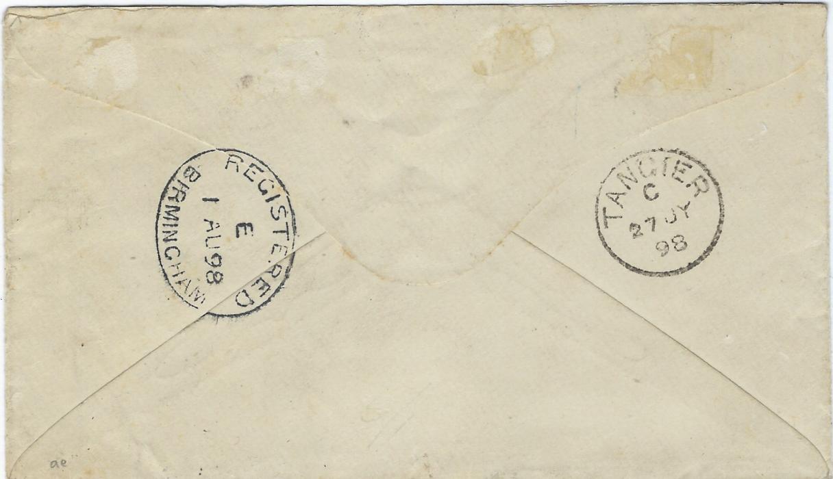 Morocco 1898 (26 JY) registered cover to Birmingham, franked first overprints 20c. and 25c. tied Casablanca duplex, the cancel showing inverted month  ‘JY’ , London transit below, reverse with Tangier transit and arrival; fine and clean condition.