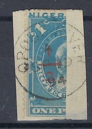 Niger Coast 1894 ‘ ½ ‘ on vertically bisected 1d. pale blue tied to small piece by Opopo River cds, SG 58, B.P.A. Certificate 1983.