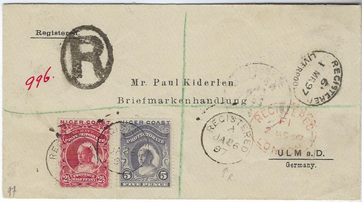 Niger Coast 1897 (JA 26) registered cover to Germany franked 2 ½d. carmine-lake and 5d. grey-lilac tied by the rare Registered cds without town name, Liverpool and London transits and arrival cds.