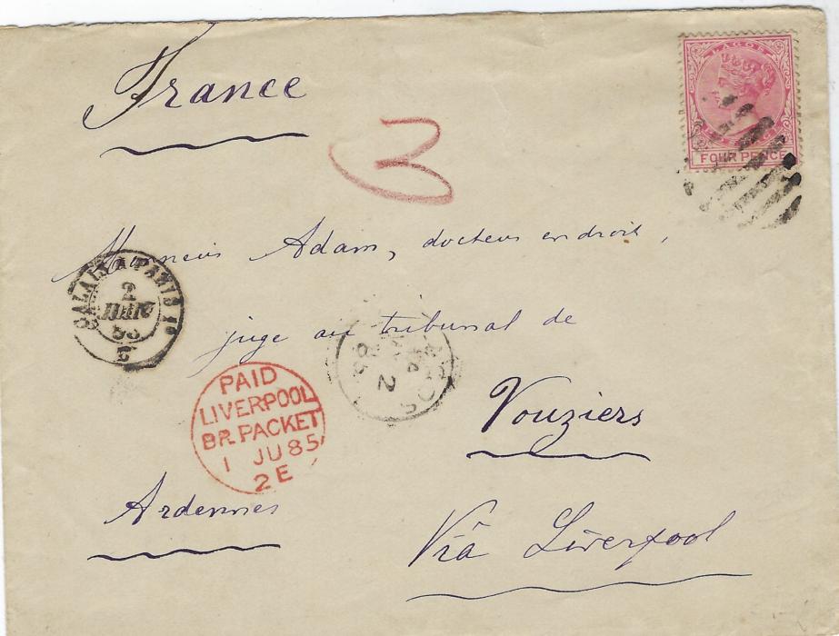 Nigeria (Lagos) 1885 cover to Vouziers, France bearing single-franking 1882 Wmk Crown CA 4d. carmine (SG 20) tied barred obliterator, Lagos cds at centre, red Liverpool transit alongside and Calais A Paris transit further left, arrival backstamp.