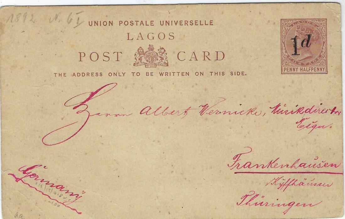 Nigeria (Lagos) 1893 ‘1d’ on Penny Halfpenny postal stationery card addressed to Germany with a fine hand-drawn picture of the artist painting a Lion, addressed and messaged but sent under cover.