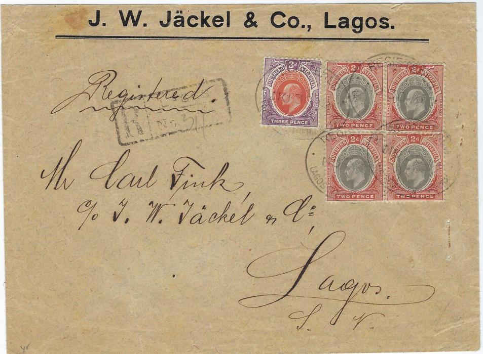 Nigeria (Southern) 1912 (NO 30) registered cover within Lagos franked 1904-09 2d. Head B block of four and a 3d. tied oval Registered date stamps, registration handstamp to left; staple holes at right and slight faults at top of envelope.
