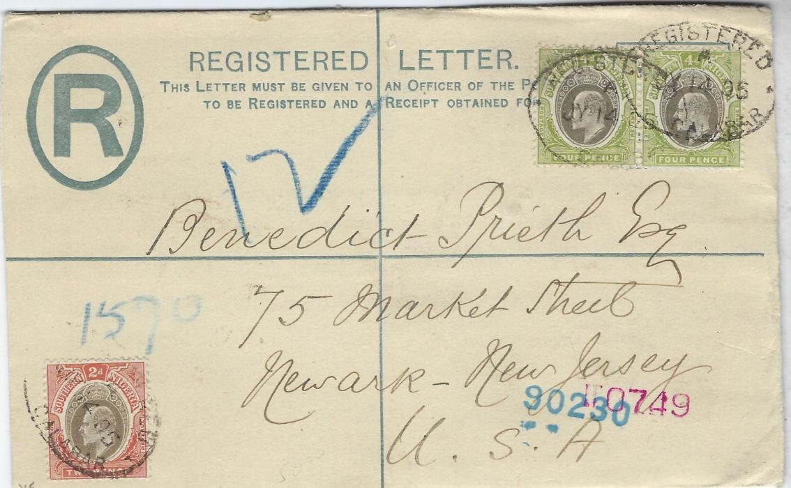 Nigeria (Southern) 1905 2d stationery registration envelope, size G to USA additionally franked 2d.  and pair 4d. tied Registered Old Calabar date stamps, reverse with stamp image similarly cancelled, London transit, New York transit and arrival cds.