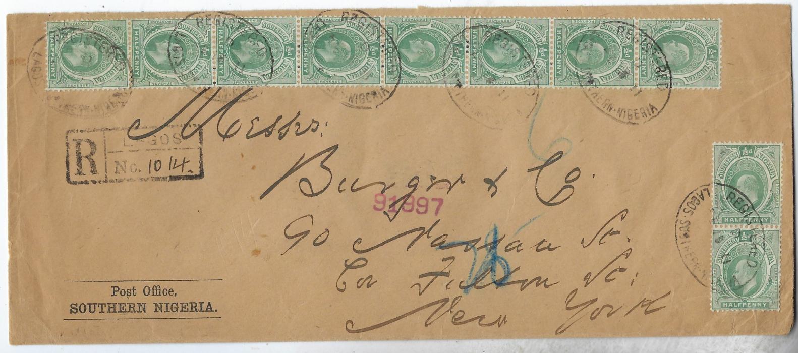 Nigeria (Southern) 1911 ‘Post Office’ OHMS envelope to New York franked vertical pair and vertical strip of eight cancelled Registered Lagos date stamps., framed registration at left with manuscript number, reverse with London transit and arrival cds.