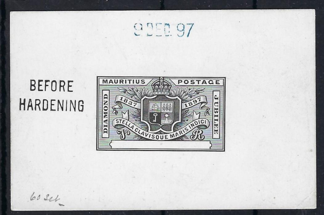 Mauritius 1898 Diamond Jubilee Master die Proof in black on glazed card, without value, dated ‘9 DEC 97’ at top and ‘BEFORE HARDENING’ at left. Fine and rare commemorative proof.