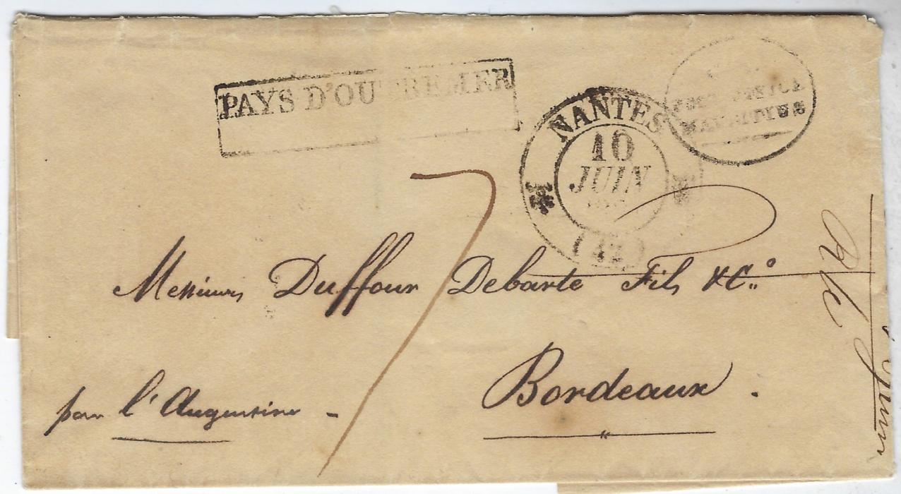 Mauritius 1837 outer letter sheet to Bordeaux from Port Louis bearing oval POST OFFICE MAURITIUS handstamp, French maritime PAYS DOUTREMER handstamp and Nantes transit cds, rated 