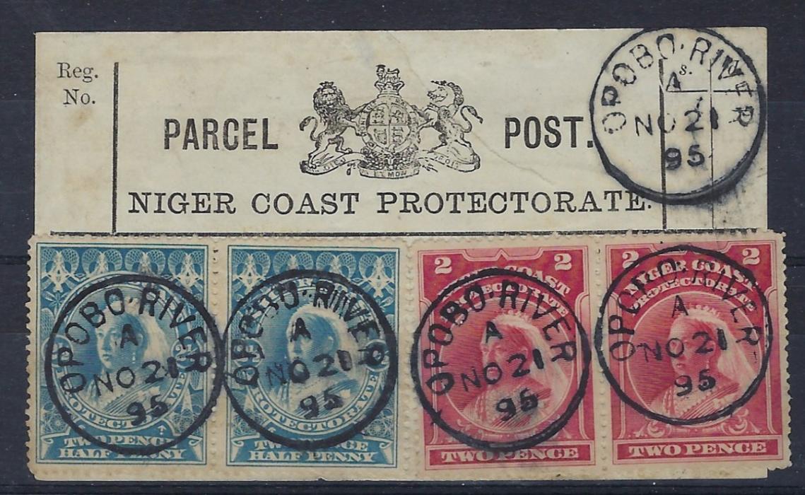 Niger Coast 1895 (No 21) Parcel Post label, bering 2d. lake and 2 ½d. blue pairs, each cancelled with superb OPOBO RIVER cds, with a further strike above; fine and rare.
