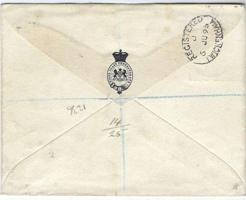 Niger Coast 1895 (23.AP.) registered cover to Twickenham, the franking including 1894 ‘ONE HALF PENNY’ on 2 ½d., tied Old Calabar square circles with fine example of short-lived large ‘R’ unframed hanstamp between stamps, oval Registered Old Calabar, Liverpool and London on face, arrival backstamp. Scarce surcharge stamp on cover.
