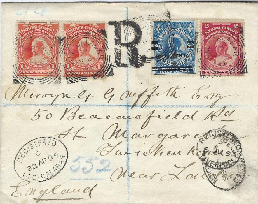 Niger Coast 1895 (23.AP.) registered cover to Twickenham, the franking including 1894 ‘ONE HALF PENNY’ on 2 ½d., tied Old Calabar square circles with fine example of short-lived large ‘R’ unframed hanstamp between stamps, oval Registered Old Calabar, Liverpool and London on face, arrival backstamp. Scarce surcharge stamp on cover.