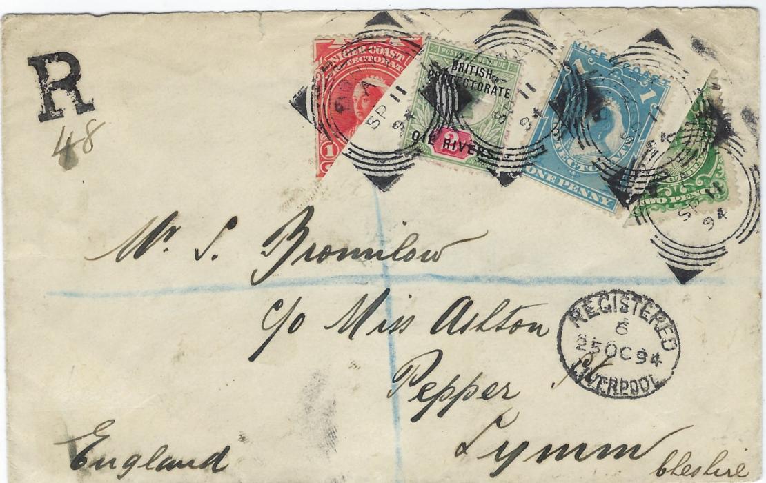 Niger Coast 1894 (SP 11) registered cover to England franked 1892 2d., 1894 1d. blue and bisected 1d.and 2d., making correct total of 4 1/2d. tied Bonny square circle date stamps, small R handstamp at left with manuscript number, Liverpool transit on face and Warrington backstamp. fine and attractive.
