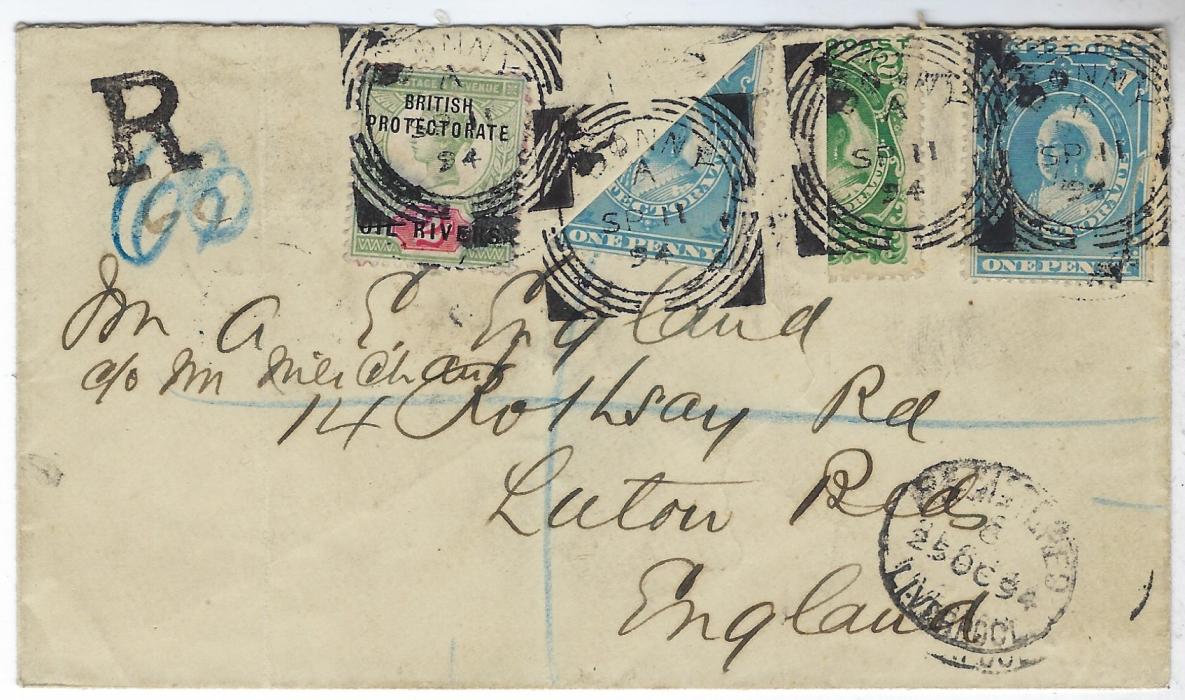 Niger Coast 1894 (SP 11) registered cover to England franked Oil Rivers 2d. Jubilee, 1894 1d. and a diagonally bisect 1d. plus 2d. vertical bisect, paying the 4 1/2d. registered rate, tied Bonny square circle date stamps, small R registration handstamp, Luton arrival backstamp; some light vertical filing creases otherwise fine and attractive.