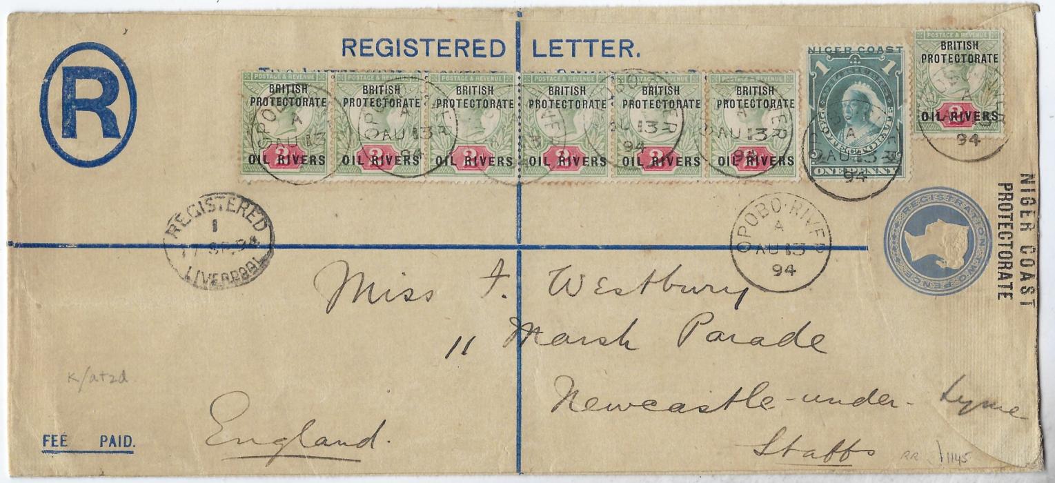 Niger Coast 1894 2d. stationery registration envelope, size H2, to England franked Oil Rivers 2d. ‘Jubilee’  single and two horizontal starips of three together with Niger Coast 1894 1d tied Opobo River cds, Registered Liverpool transit at left, reverse with Stoke on Trent and Newcastle Staff duplex; rare unfolded H2 envelope.