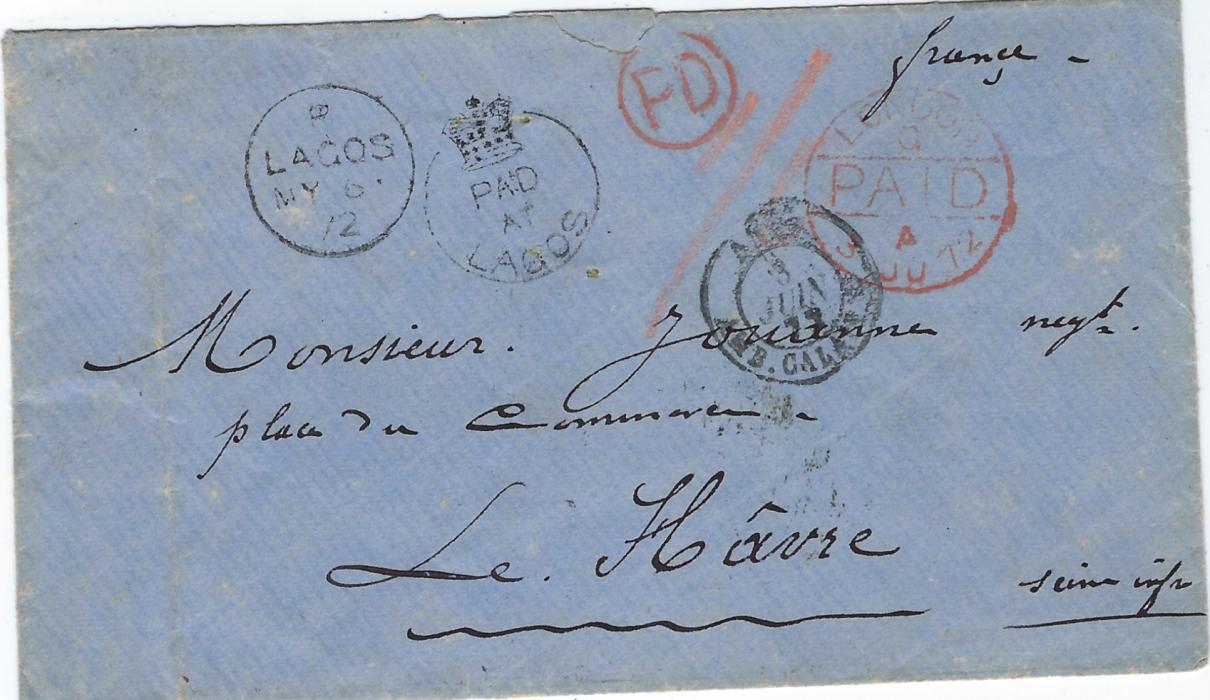 Nigeria (Lagos) 1872 cover to Le Havre bearing fine strike of the rare Crown Circle ‘Paid At Lagos’, index B Lagos cds to left, red circular framed PD and manuscript “1/1” indicating the amount of ½ charge pre ½ oz due to GPO London. Calais entry cds on front, reverse Paris transit and arrival cds; vertical filing crease at left side clear of any cancel. A rare cover, Ex. Sacher.