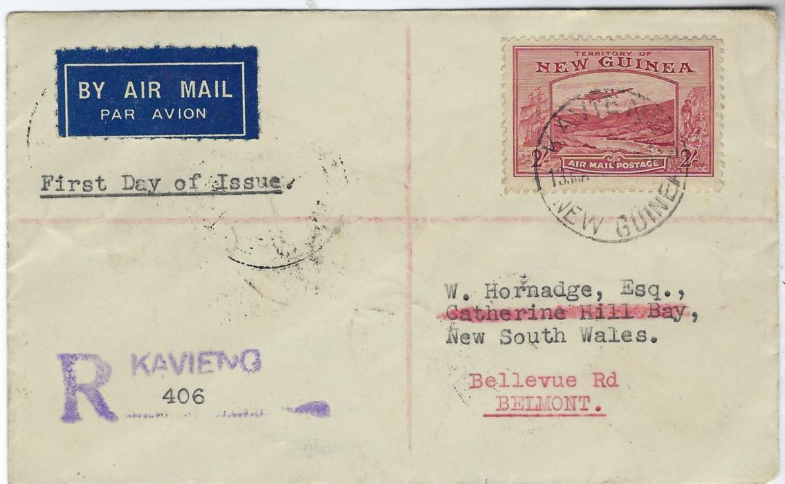 New Guinea 1939 registered cover to Australia, re-directed internally upon arrival, bearing single franking 2 /- tied Kavieng cds with violet registration handstamp, a plephary of backstamps.