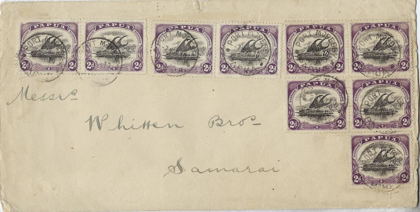 Papua 1910 (7 Nov) cover to Samarai franked 1909-10 perf 12½, watermark sideways 2d. (SG 68) single, two pairs and a block of four tied Port Moresby cds. The stamp at far left with damaged top left corner.