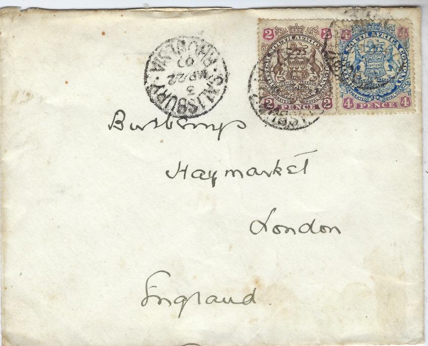 Rhodesia 1900 cover to London franked  1896-97 Die II Coat of Arms 2d. and 1897 4d. tied Salisbury cd; arrival backstamps with small part of backflap missing, sound condition.
