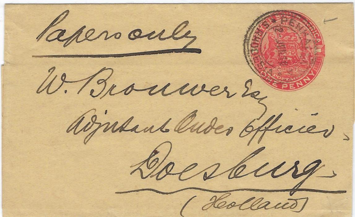 Rhodesia 1910 (2 Jun) 1d. postal stationery  wrapper, endorsed “Papers only” to Doesburg, Holland cancelled Penhalonga S. Rhodesia,  arrival backstamp; fine condition.