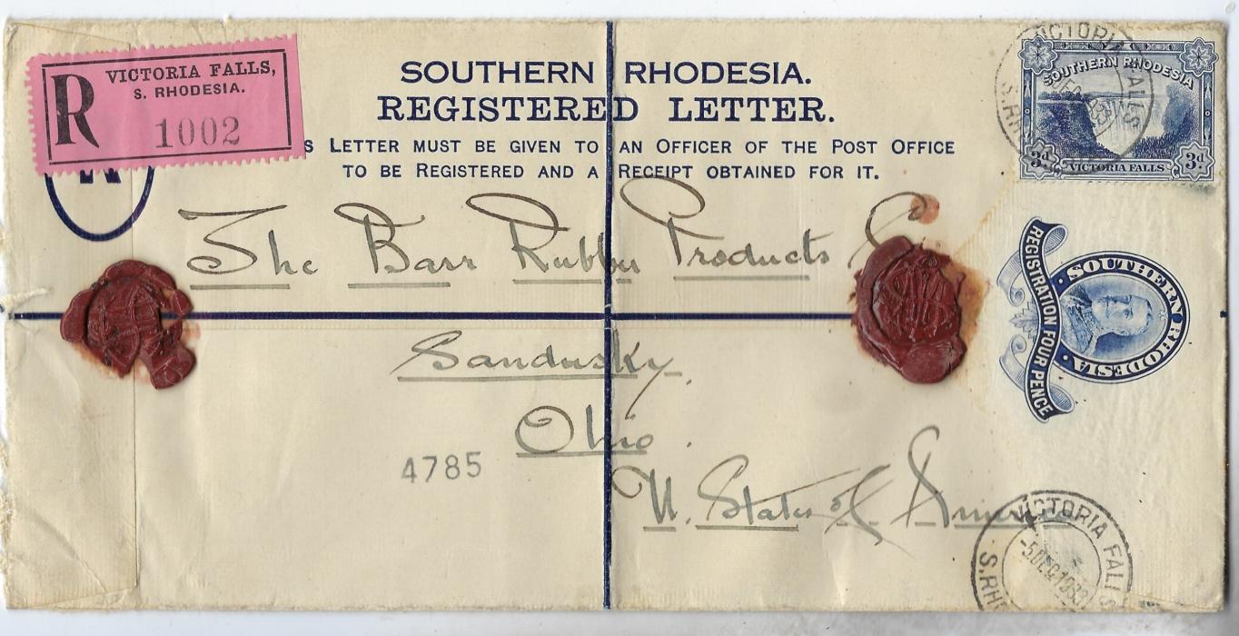 Southern Rhodesia 1934 4d. postal stationery registration envelope, size H2, uprated 3d. Falls tied by Victoria Falls cds, to USA, central filing crease, scarce commercial size stationery.