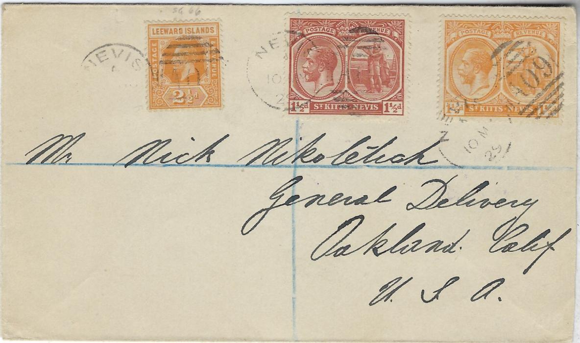 Saint Kitts-Nevis 1929 (10 MY) registered cover to Oakland, CA, USA bearing mixed franking Leeward Islands 2 ½d.  orange-yellow and St Kitts-Nevis 1920-22 1 ½d. orange-yellow and 1921-29  1½d.  red-brown ‘Columbus’ tied ‘409’ Nevis duplex, New York and arrival backstamps. The Leeward Island 2 ½d orange-yellow is rare on cover.