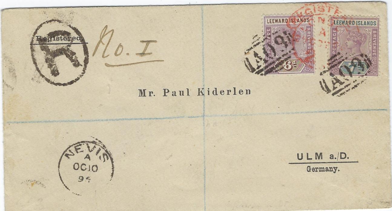 Saint Kitts-Nevis 1894 registered cover to Germany franked Leeward Islands 1890 6d. and 7d. tied ‘A09’ obliterators with Nevis cds bottom left, red London transit over stamps, arrival backstamp; good condition.