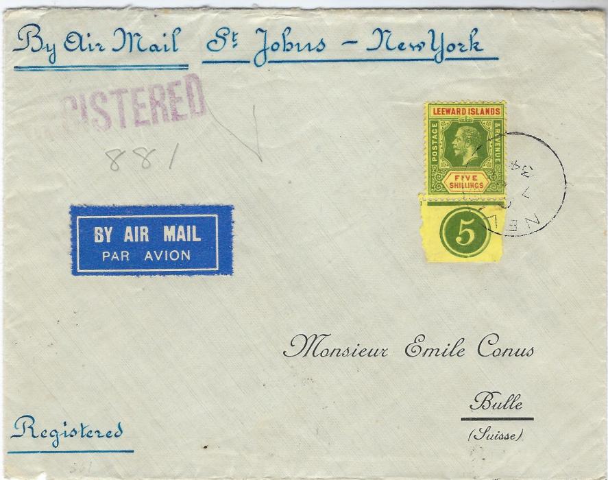 Saint Kitts-Nevis 1934 registered airmail cover to Switzerland bearing single franking Leeward Islands 1912-22 Wmk Mult Crown CA 5s green and red/yellow (SG 57), a bottom plate marginal tied Nevis cds, annotated “By Air Mail St Johns – New York”, backstamped San Juan P.R. and New York transits plus Bulle arrival.