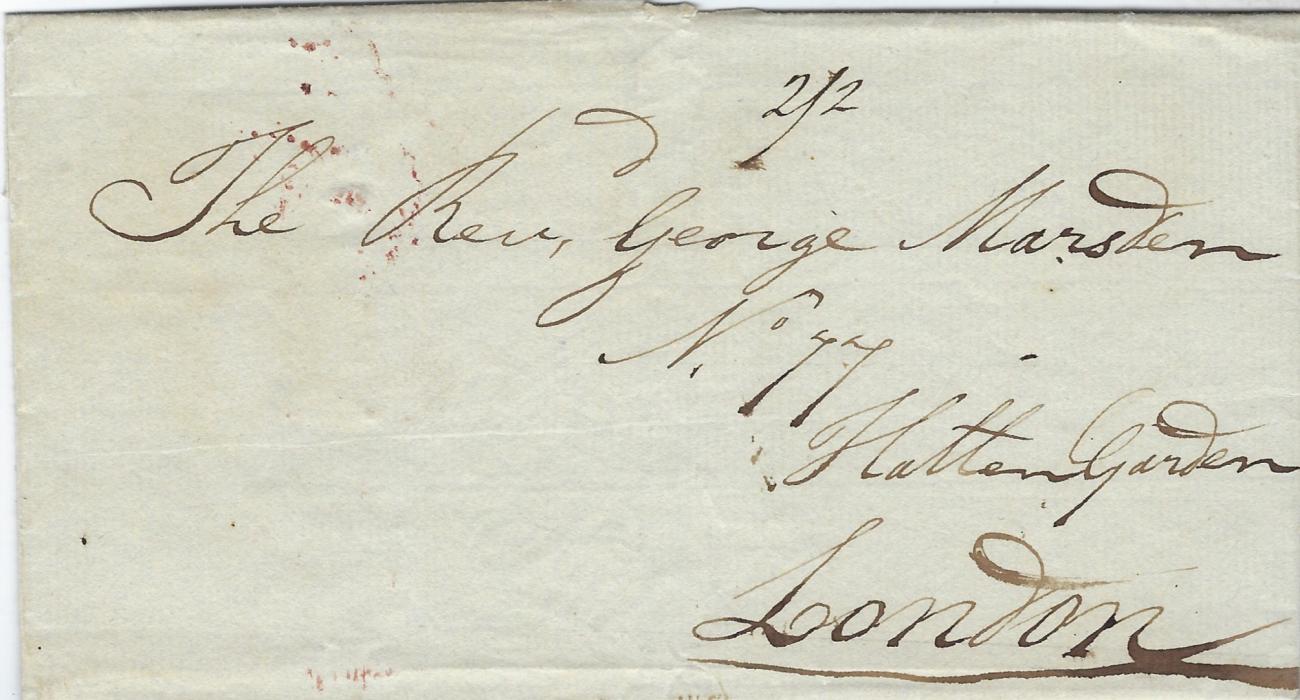 Saint Kitts-Nevis 1819 outer letter sheet to London with manuscript charge “2/2”, reverse with two-line yellow NEVIS date stamp which is overstruck by the arrival cds; good clean condition.