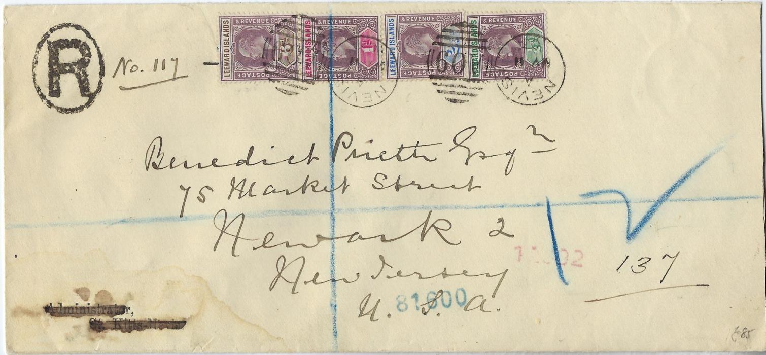 Saint Kitts-Nevis 1903 registered cover to New Jersey franked 1902 ½d., 1d., 2 ½d. and 6d. tied by two A09 Nevis duplex, St Kitts transit on reverse and arrival cancels; slight water staining bottom left, scarce.