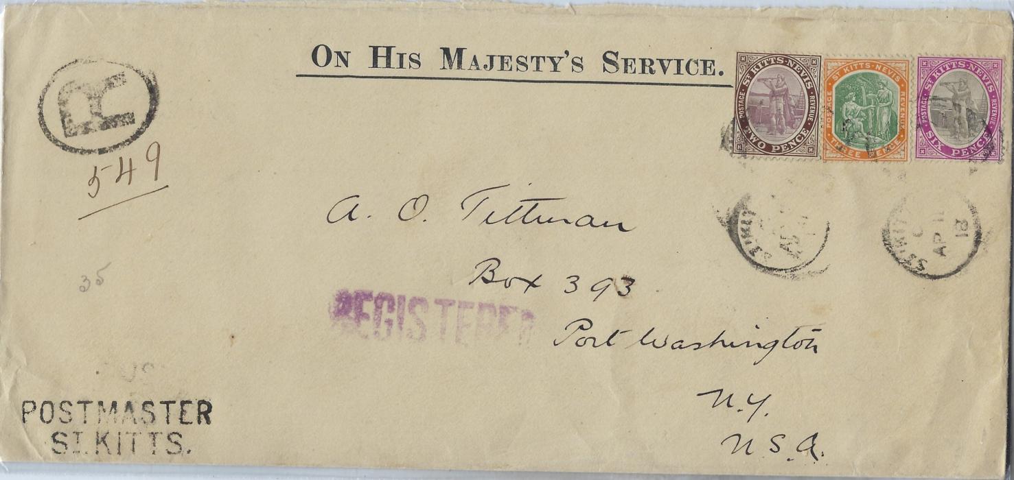 Saint Kitts Nevis 1918 registered OHMS cover to Port Washington franked tied 2d., 3d. and 6d. tied unclear St Kitts duplex, arrival backstamps.